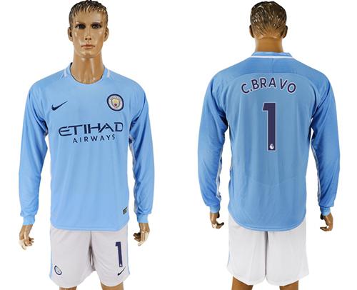 Manchester City #1 C.Bravo Home Long Sleeves Soccer Club Jersey - Click Image to Close